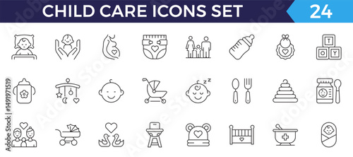 Child care line web icons. international children day, kid rights, parenthood. Outline icon collection. Editable stroke. Vector illustration