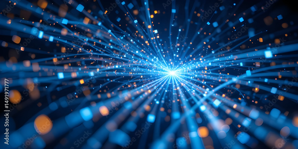 Naklejka premium Abstract Data Streams Flowing Through Fiber Optic Cables – High-Tech Digital Network Visualization