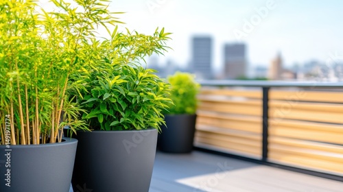 Lush green bamboo plants in modern pots on a sunny balcony with a city skyline backdrop
