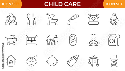 Child care line web icons. international children day, kid rights, parenthood. Outline icon collection. Editable stroke. Vector illustration