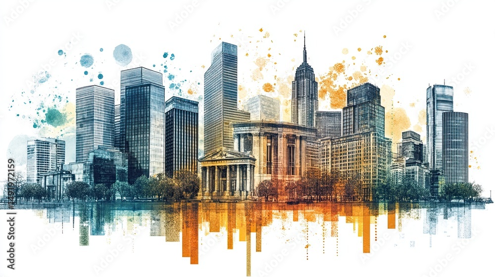 Obraz premium Night view of New York City skyline with skyscrapers and river