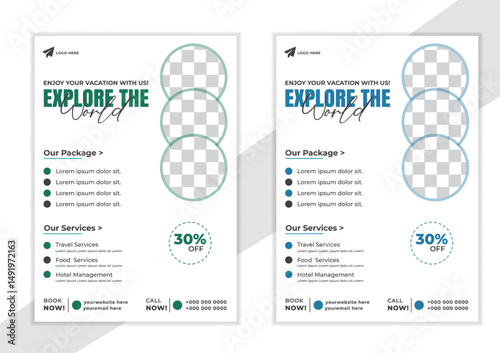 Creative flyer design and brochure cover page template for travel agency .travel flyer design template, tour flyer, tourism color a4 print ready flyer