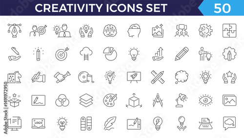 creativity line icons. Contains icons idea, brainstorm, thought, quick tips, inspiration, teamwork and more.
