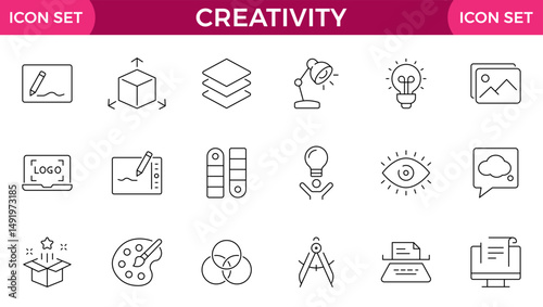 creativity line icons. Contains icons idea, brainstorm, thought, quick tips, inspiration, teamwork and more.