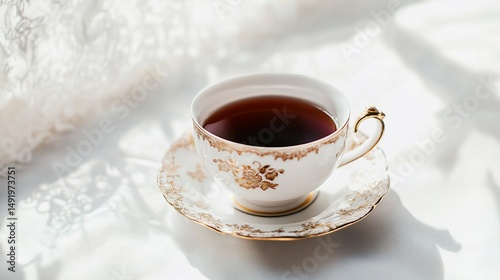 Exquisite porcelain teacup filled with dark tea on a bright white surface