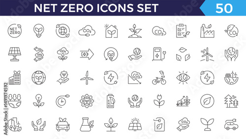 Net Zero line icons set. Net Zero outline icons with editable stroke collection. Includes Carbon footprint, CO2 neutral, net zero, Solar Energy, Wind Power, Renewable Energy and More.