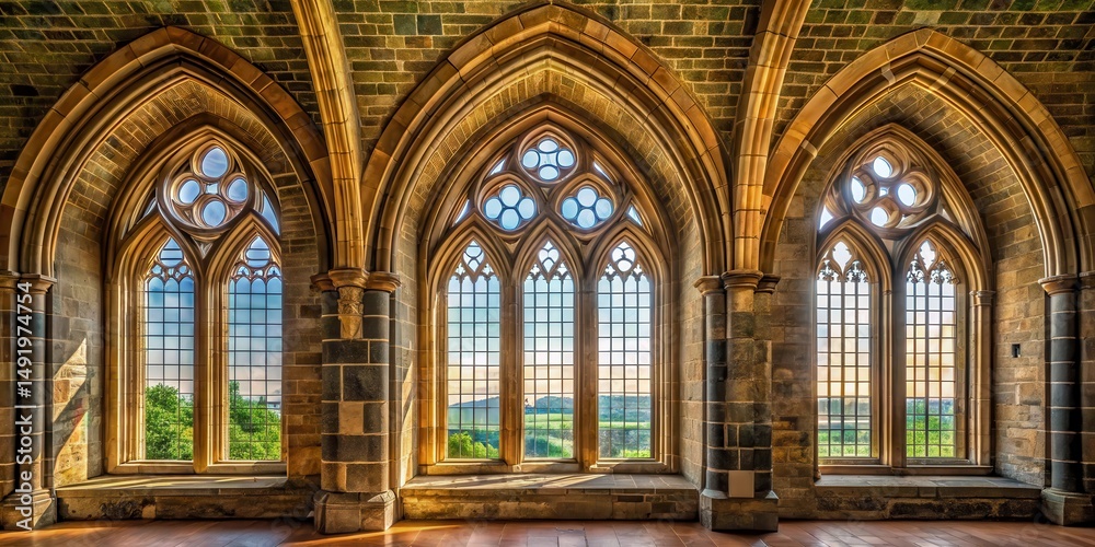 Obraz premium Arched Windows in old Church , church architecture, archways