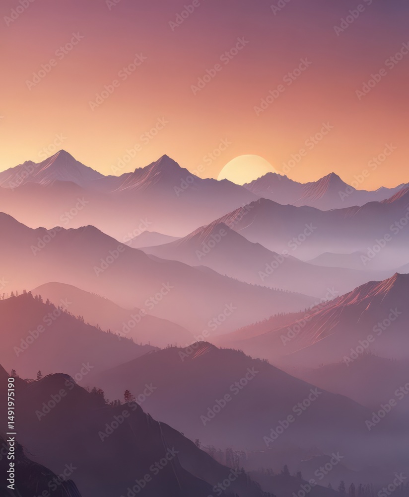 Fototapeta premium Soft gradient sunset paints misty mountain range, ethereal sky, wild, landscape