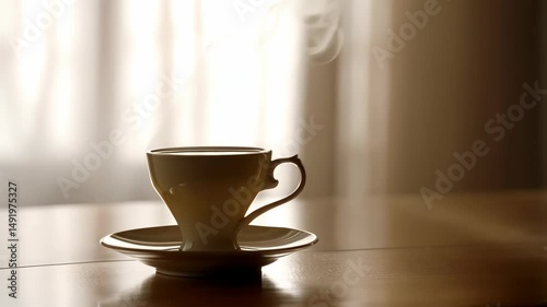 Wallpaper Mural Close-up of hot steaming beverage in white cup on saucer resting on shiny wooden surface. Torontodigital.ca