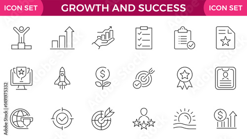Growth and Success Icons set. Vector illustration in modern thin line style of business icons: personal, professional, and financial growth, progress, career. Pictograms and infographic
