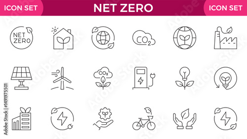 Net Zero line icons set. Net Zero outline icons with editable stroke collection. Includes Carbon footprint, CO2 neutral, net zero, Solar Energy, Wind Power, Renewable Energy and More.