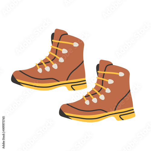 Simple hiking boots. Hand drawn vector illustration of yellow and brown travel shoes for tourism and camping. Flat drawing of footwear for journey and exploration.