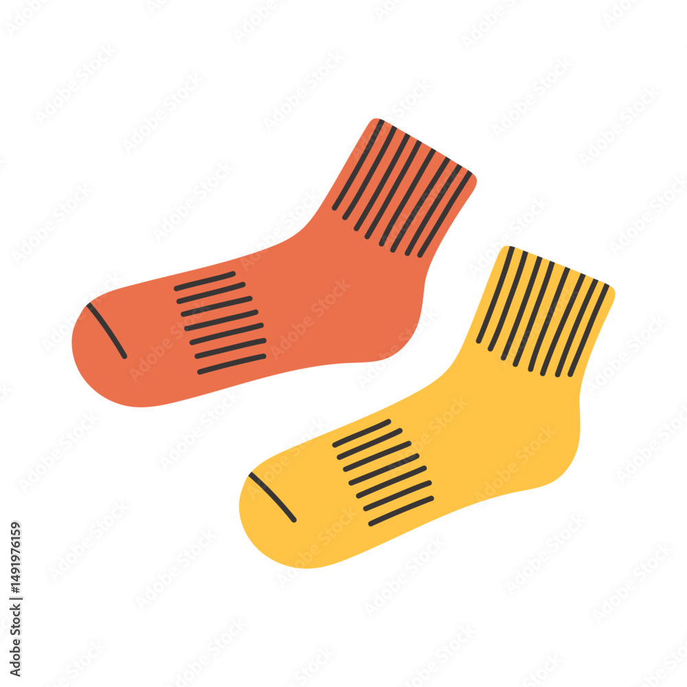 Simple red and yellow socks. Knitted socks cozy winter wear flat Illustration Clipart isolated. Print ready scalable graphic design elements for stickers, posters, postcard, wall art decoration Simple red and yellow socks. Knitted socks cozy winter wear flat Illustration Clipart isolated. Print ready scalable graphic design elements for stickers, posters, postcard, wall art decoration