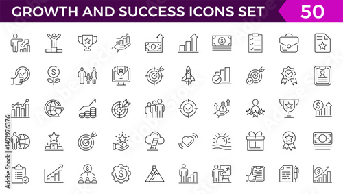 Growth and Success Icons set. Vector illustration in modern thin line style of business icons: personal, professional, and financial growth, progress, career. Pictograms and infographic
