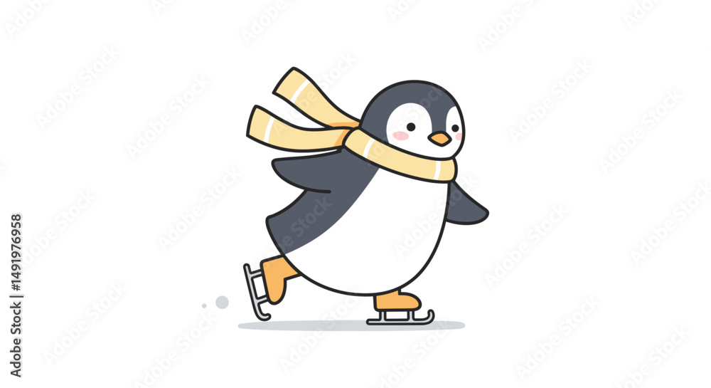 Obraz premium Cartoon penguin ice skating with a scarf in a winter scene 