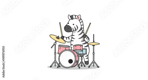 Cartoon zebra playing drums with drumsticks in a fun style  