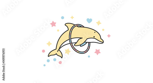 Cartoon dolphin jumping through colorful hoop with stars and hearts  