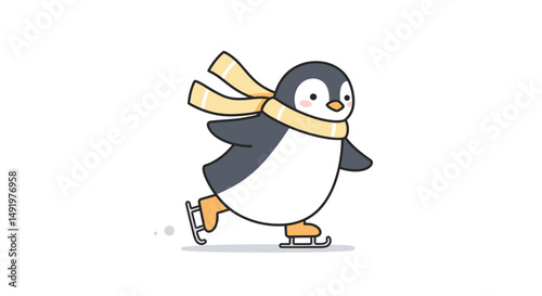 Cartoon penguin ice skating with a scarf in a winter scene  