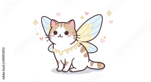 Cute cat with fairy wings and a collar surrounded by hearts  