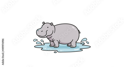 Cartoon hippo standing in water with splashes around it  
