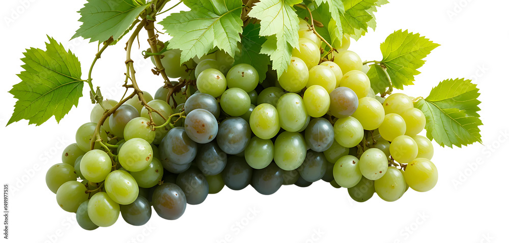Obraz premium Vibrant bunch of green grapes with detailed vine leaves, isolated on a white background, ultra-HD, soft edge shadows, realistic color tones.