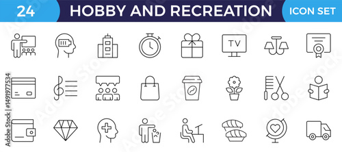 Hobby and recreation linear icons collection. Hobbies for children and adults at home and outdoors. Sports, diving, dancing, reading, drawing, music and singing, chess, astronomy, photo and video.