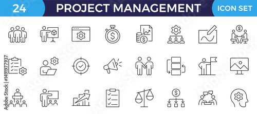 Project management icon collection. Time management and planning concept. Business or organization management icons for web and mobile app. Time management, planning, project, startup, marketing.