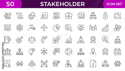 Stakeholder editable stroke icons set. Business, partner, shareholder, investor, supporter vector illustrations.