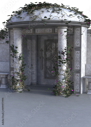 3D illustration of a classical marble pavilion with ornate columns, climbing ivy, benches, and carved door. Perfect for themes of architecture, history, romance, garden, temple, and ancient ruins.