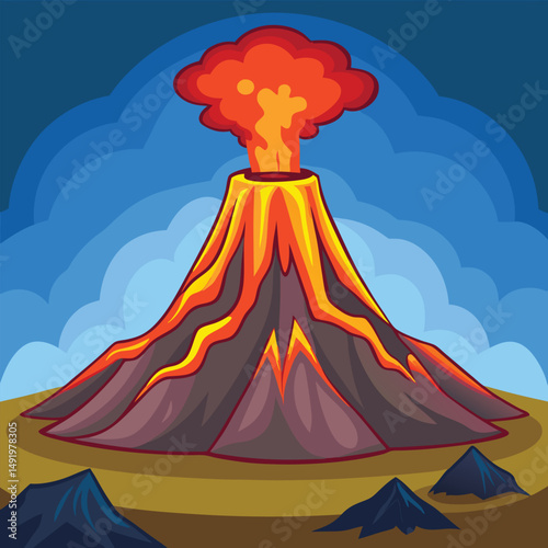 Volcano Clipart – Vector Illustration of Erupting Volcano and Mountain Landscape