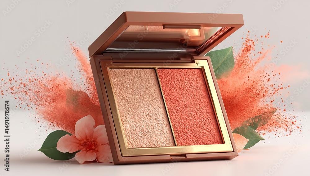 Fototapeta premium Open powder compact with two shades on white background, beauty makeup product