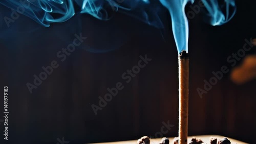 Aromatic incense stick burning with billowing blue smoke on a dark background, creating a mystical and calming atmosphere.