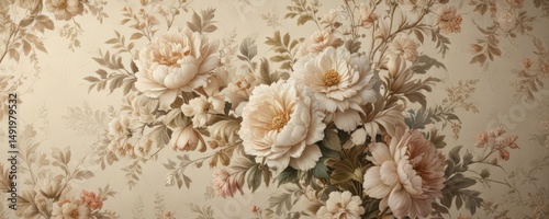 Ecru vintage floral wallpaper, intricate blooms , ecru, paper, flowers
