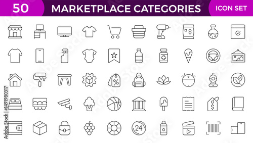 Marketplace Categories outline Icons set. Vector illustration in modern thin line style of e-commerce related icons: household goods, electronics and household appliances, clothing, and more.