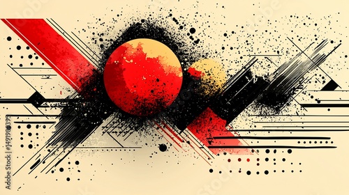 Abstract Red and Yellow Spheres with Splatter and Geometric Lines Design