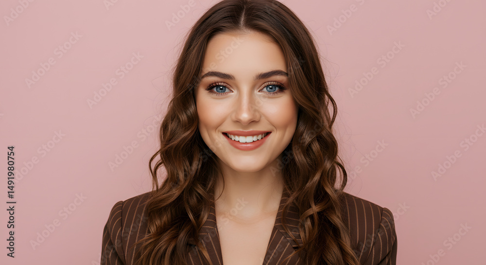 Fototapeta premium Wavy Hair and Brown Pinstripe Blazer Look on Pink Background