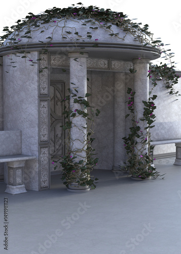 3D illustration of a classical marble pavilion with ornate columns, climbing ivy, benches, and carved door. Perfect for themes of architecture, history, romance, garden, temple, and ancient ruins.