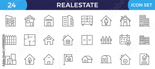 Real Estate minimal thin line web icon set. Included the icons as realty, property, mortgage, home loan and more. Outline icons collection. House, key, buy, sell, loan, building, address, bedroom