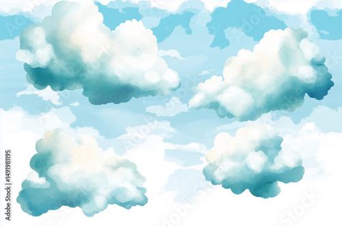 Abstract Watercolor Background with Blue and Green Tones and Central Cloud  Clip Art Style on White Background with Ample White Space for Creative and Minimalist Design Projects