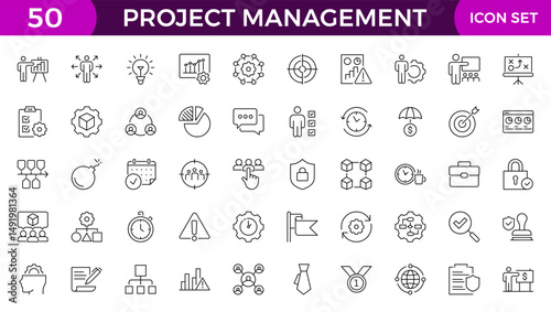 Project management icon collection. Time management and planning concept. Business or organization management icons for web and mobile app. Time management, planning, project, startup, marketing.