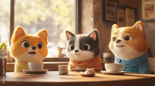 Anthropomorphic cats enjoying coffee at cafe