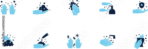 Set of washing hand icon flat style. How to wash your hand icon