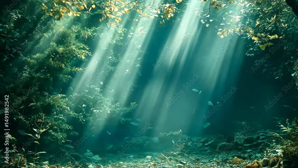 Sunbeams pierce a lush, mystical forest, illuminating the underwater scene below with shoals of fish Sunbeams pierce a lush, mystical forest, illuminating the underwater scene below with shoals of fish