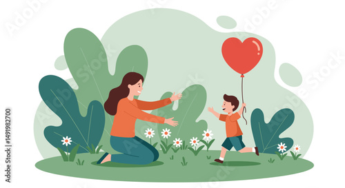 Young boy joyfully runs with a red heart-shaped balloon towards his smiling mother kneeling in a lush green park with flowers, illustrating family love and happiness.