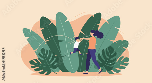 Illustration of a mother in an orange shirt and blue pants joyfully swinging her young son in a white shirt and blue shorts amidst large green tropical leaves outdoors.