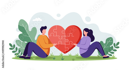 Young man and woman sitting on grass, cooperatively assembling a large red heart-shaped puzzle, symbolizing love and connection.