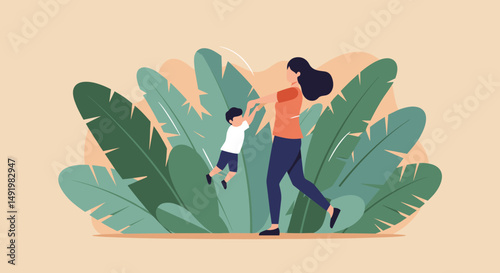Flat vector illustration of a happy mother in an orange shirt and blue pants joyfully swinging her young son outdoors amidst large green tropical leaves.