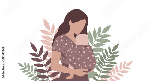 Faceless mother tenderly holds her infant in a purple sling adorned with hearts, set against a backdrop of botanical elements in a flat design.