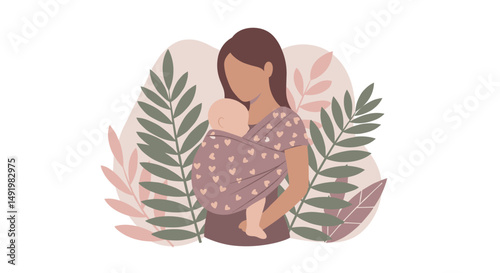 Faceless illustration of a loving mother with brown hair tenderly carrying her sleeping infant in a heart-patterned purple sling, surrounded by stylized botanical leaves.