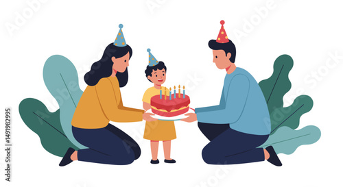 Happy family, including a mother, father, and young son, joyfully celebrating the child's birthday with a festive cake adorned with lit candles, all wearing colorful party hats.
